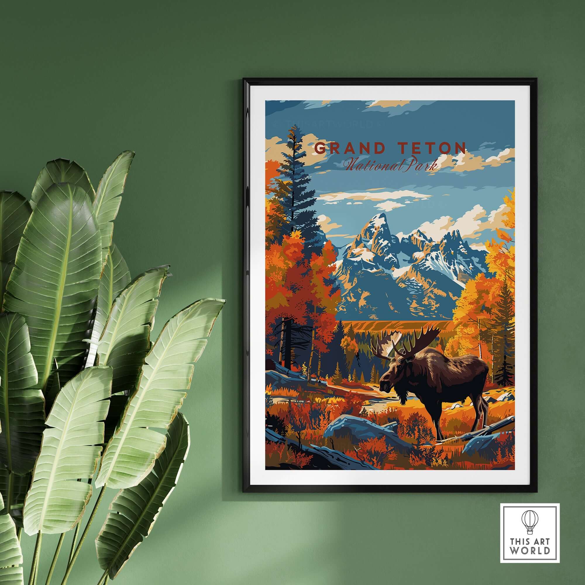 Grand Teton Poster | National Park Print featuring moose and stunning mountain scenery in vibrant colors.