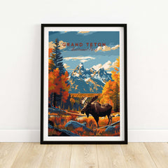 Grand Teton Poster | National Park Print showcasing a moose in a vibrant natural landscape with mountains.