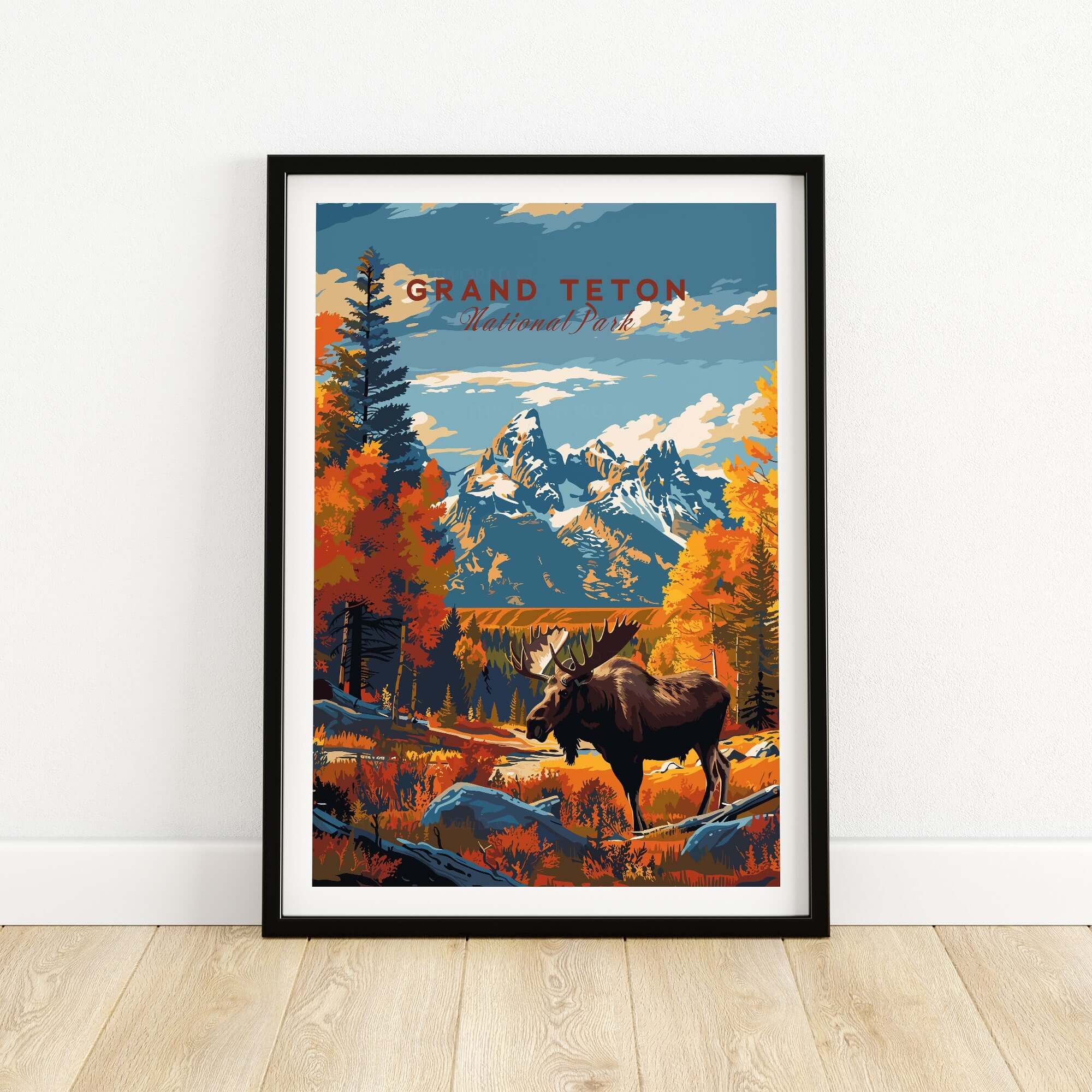 Grand Teton Poster | National Park Print showcasing a moose in a vibrant natural landscape with mountains.