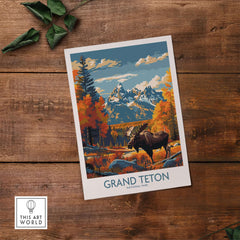 Grand Teton Wall Art - National Park Poster showcasing vibrant mountains and wildlife in stunning colors.