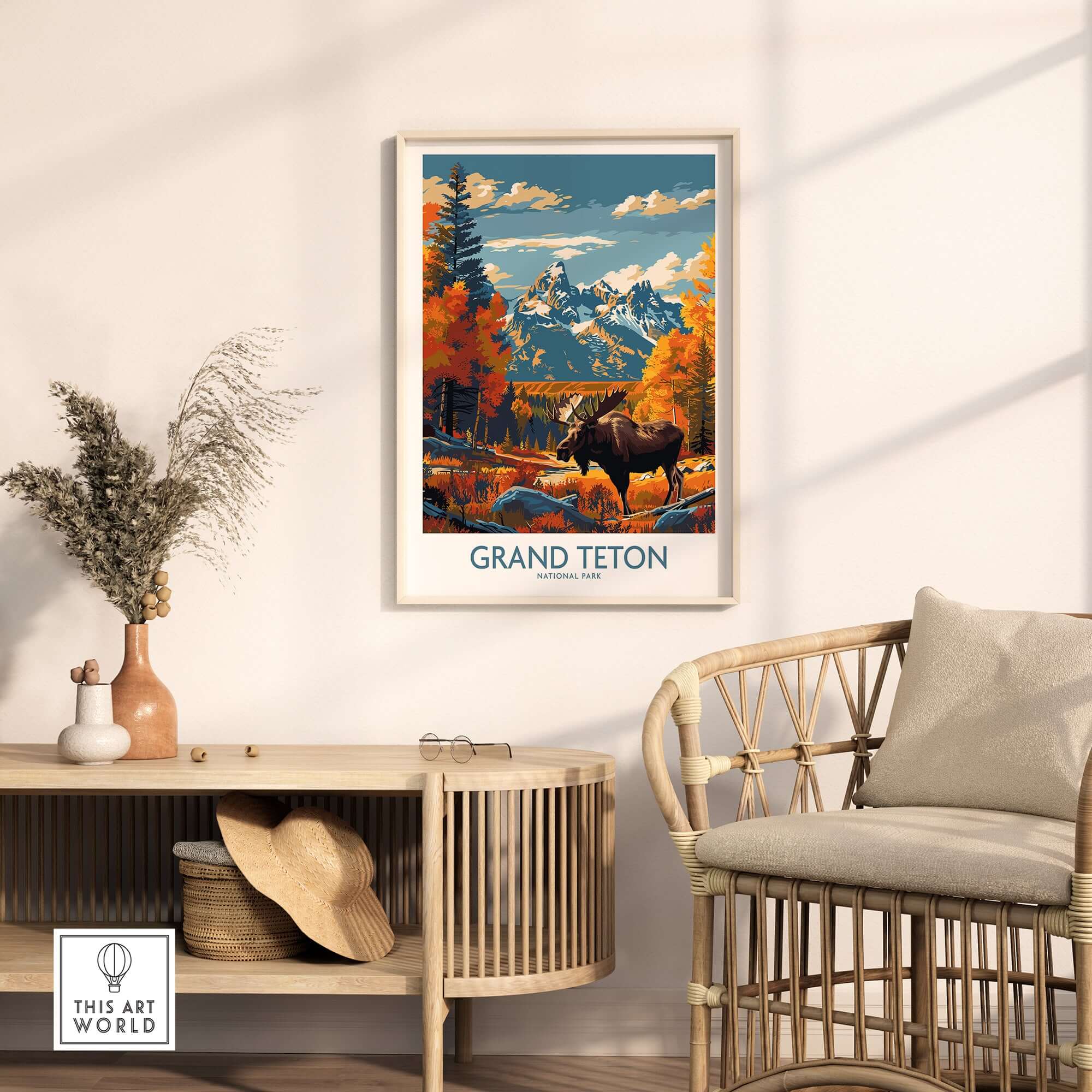 Grand Teton Wall Art - National Park Poster showcasing vibrant Tetons scenery in a cozy home setting.