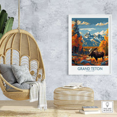Grand Teton Wall Art - National Park Poster showcasing stunning mountains and a moose in a vibrant nature scene.