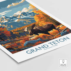 Grand Teton Wall Art - National Park Poster featuring vibrant moose and autumn scenery in Grand Teton National Park.