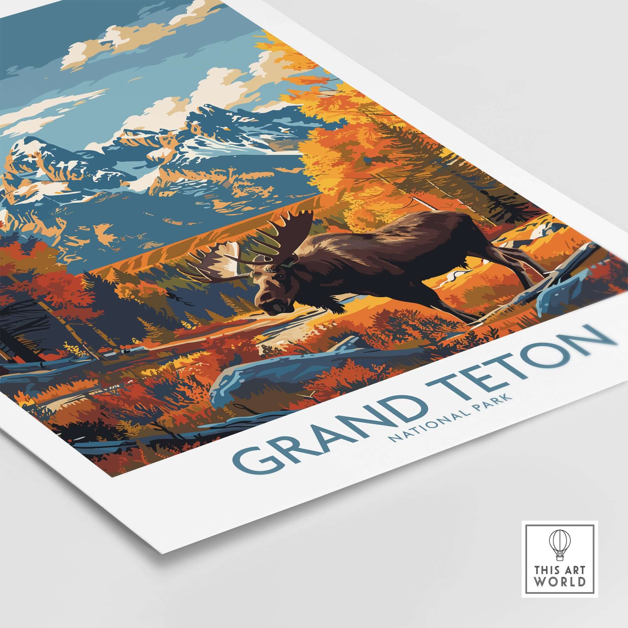 Grand Teton Wall Art - National Park Poster featuring vibrant moose and autumn scenery in Grand Teton National Park.