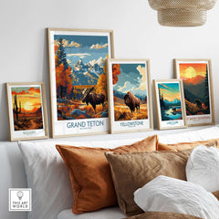 Grand Teton Wall Art - National Park Poster displayed among other national park artwork on a stylish shelf.
