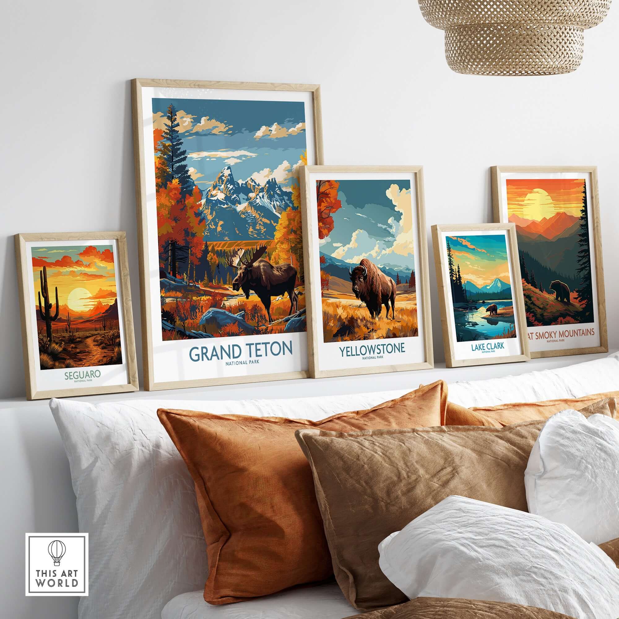 Grand Teton Wall Art - National Park Poster displayed among other national park artwork on a stylish shelf.