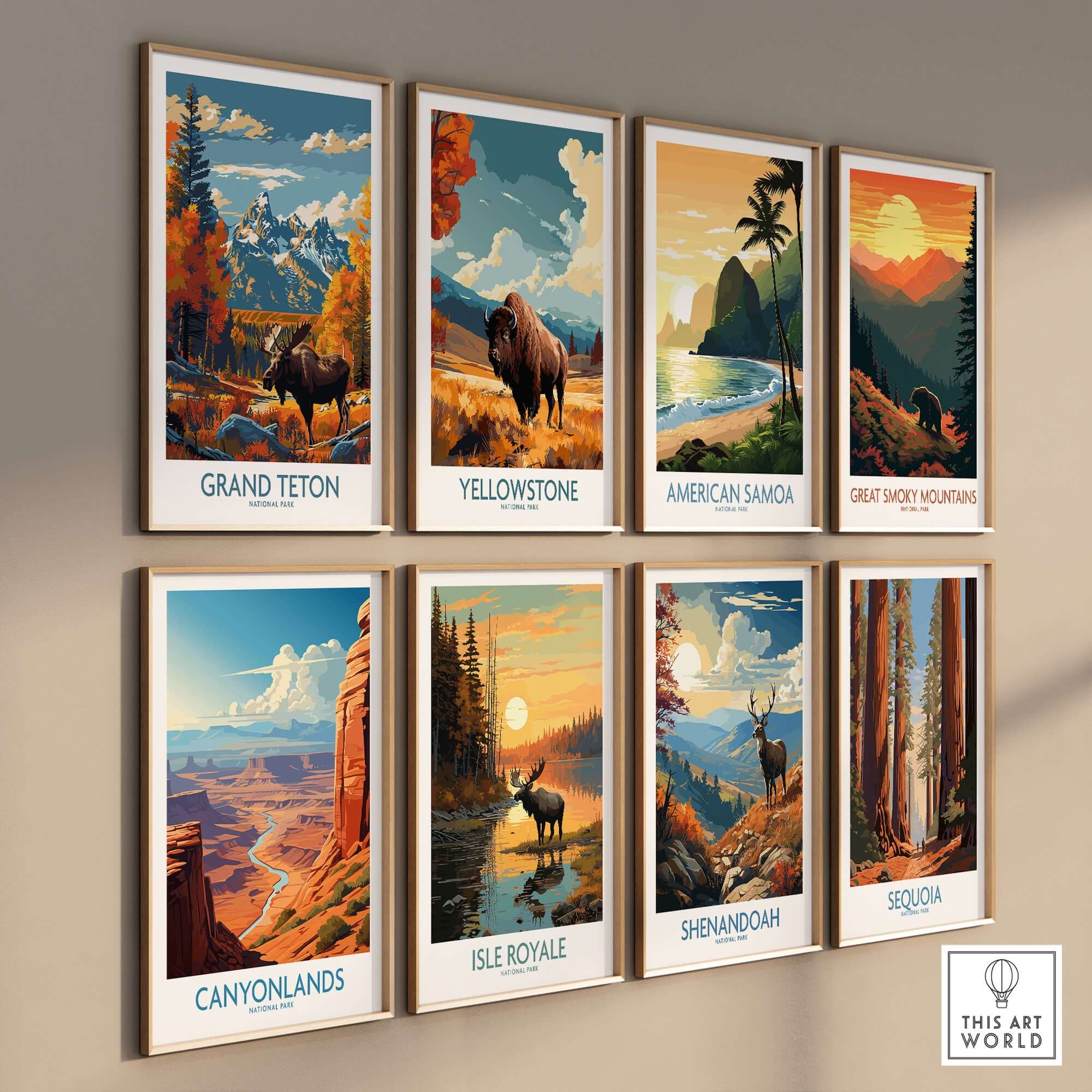 Grand Teton Wall Art - National Park Poster showcasing vibrant posters of various national parks.