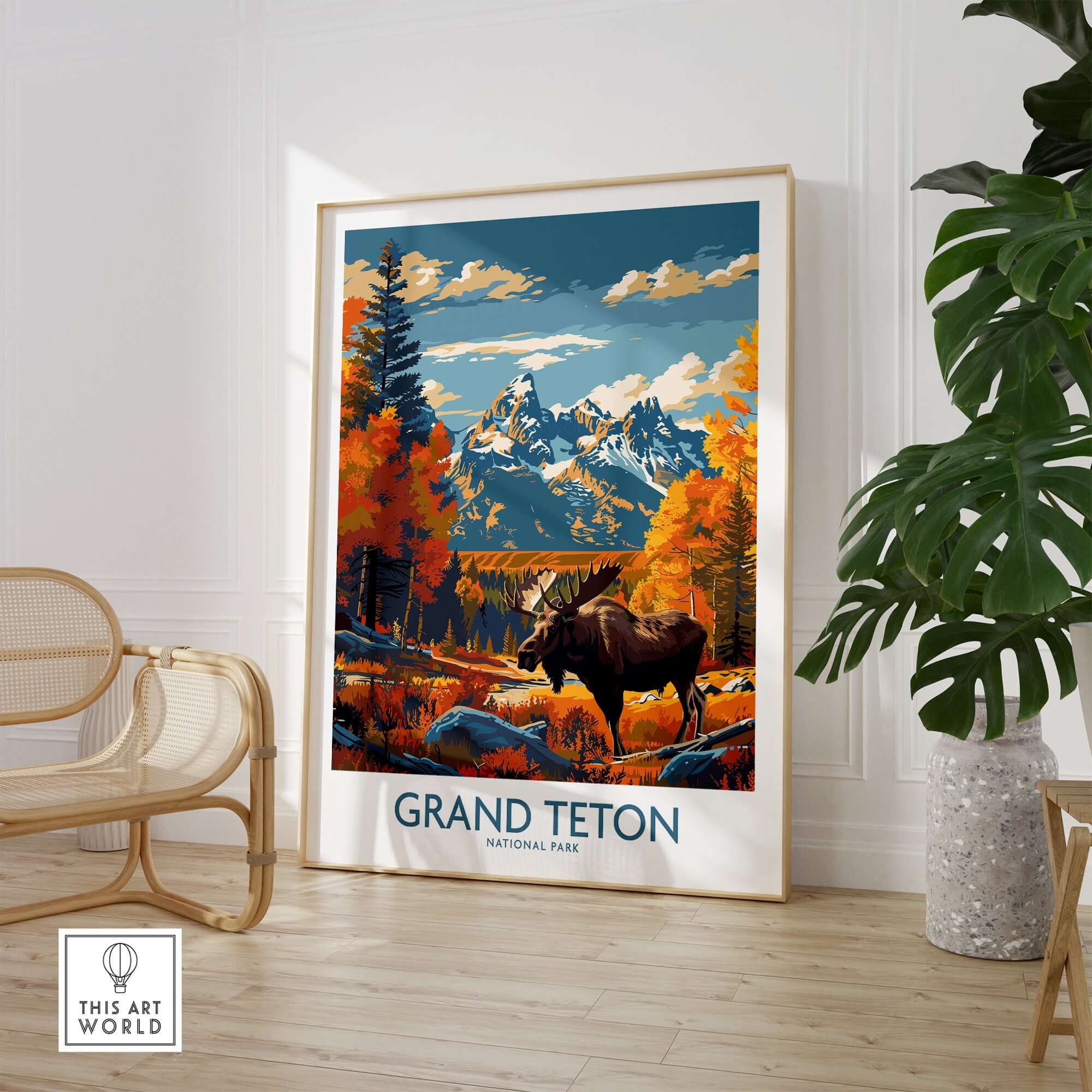 Grand Teton Wall Art - National Park Poster featuring vibrant scenery and wildlife, bringing nature into your home.