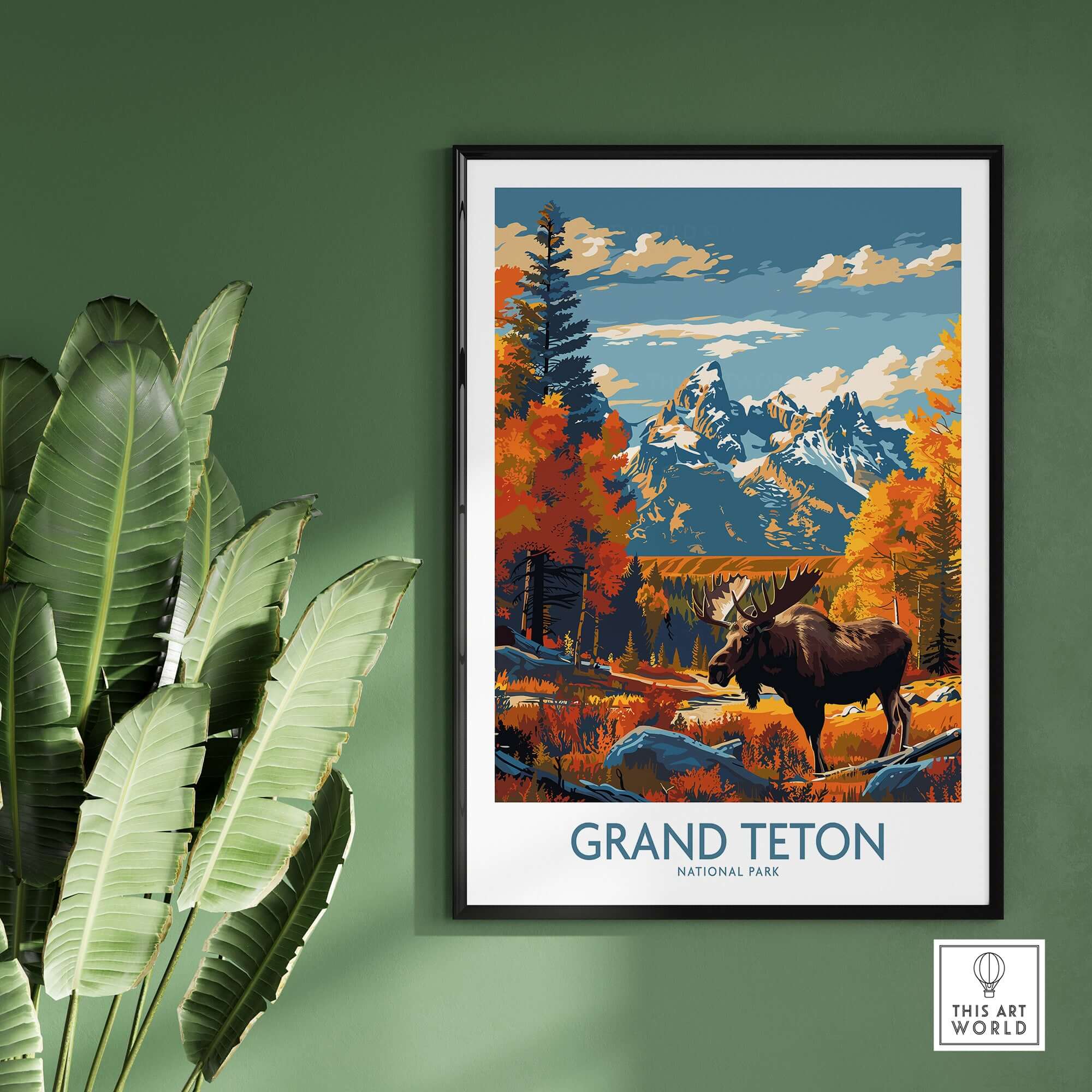 Grand Teton Wall Art - National Park Poster featuring a moose and vibrant autumn scenery in a stylish interior setting.