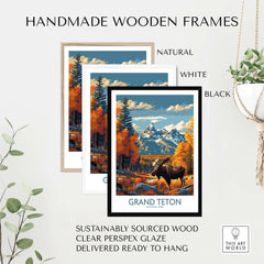 Handmade wooden frames for Grand Teton Wall Art - National Park Poster with vibrant nature design and clear glaze.