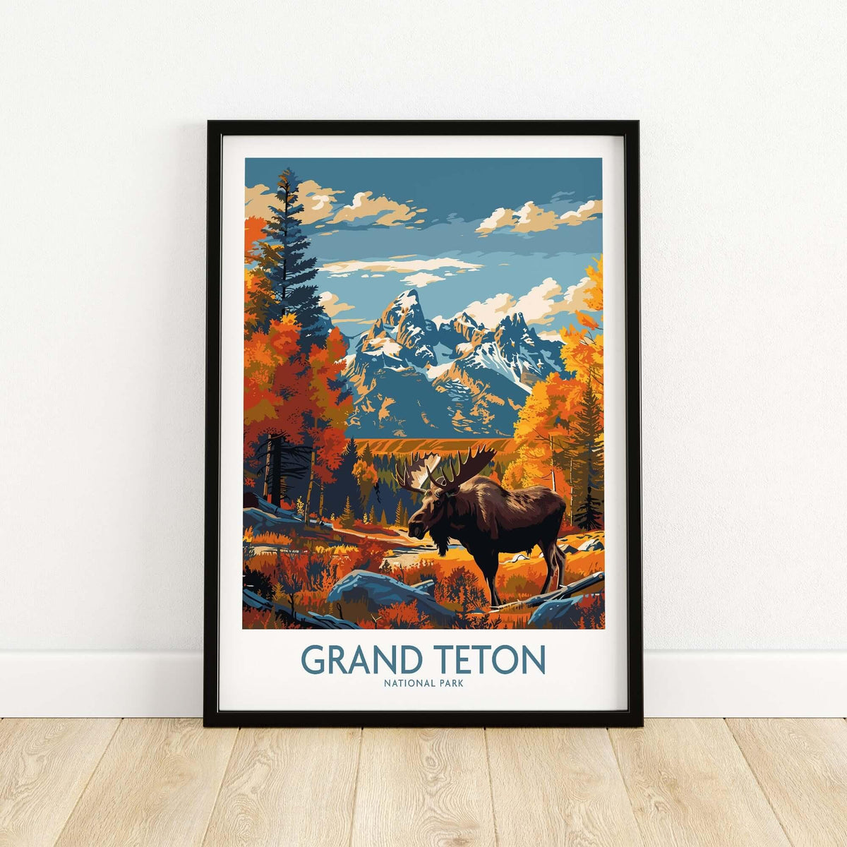 Grand Teton Wall Art - National Park Poster showcasing moose and vibrant scenery of Grand Teton National Park.