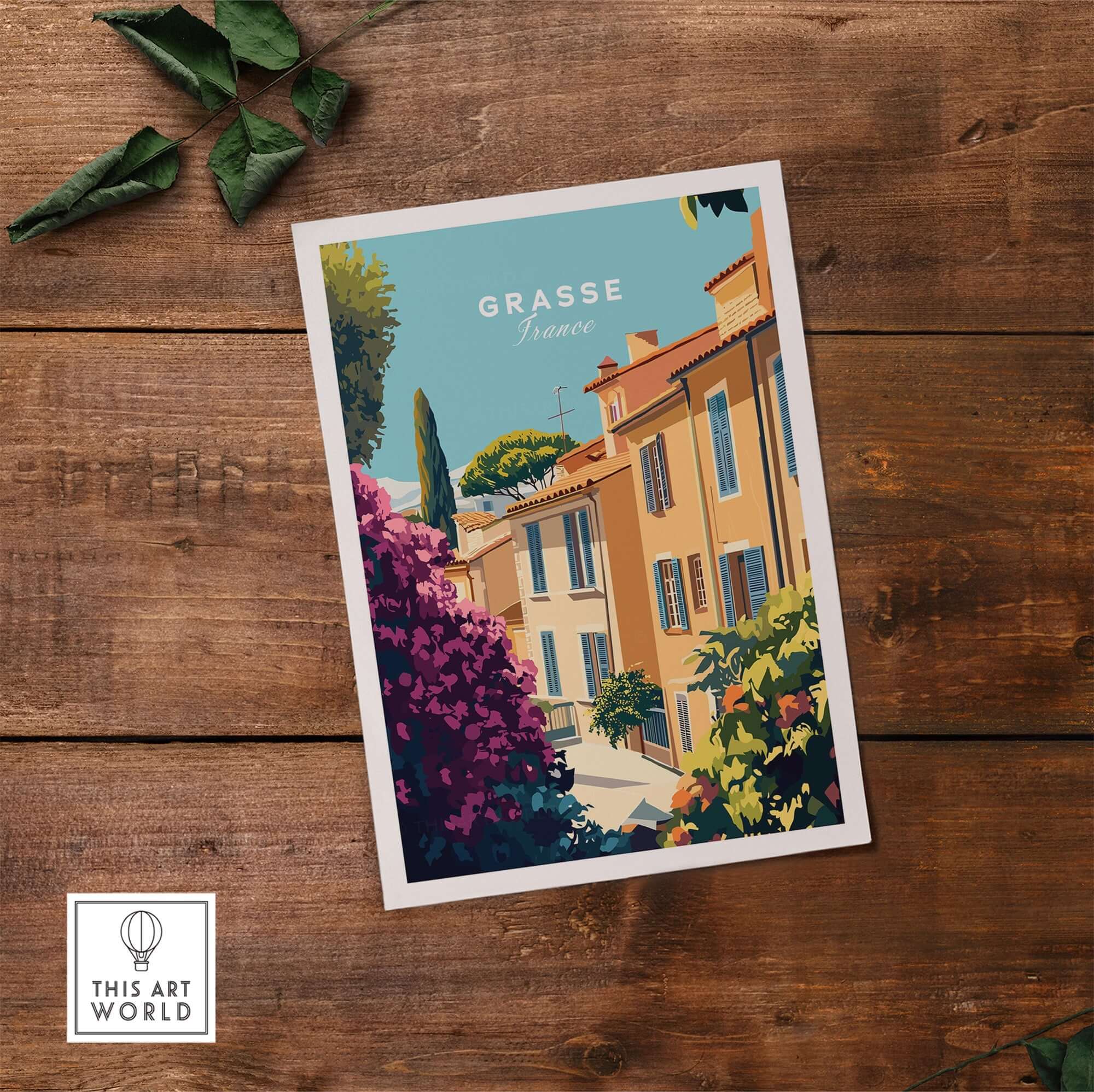 Grasse France Wall Art featuring vibrant buildings and blooming flowers, perfect for adding European charm to any space.