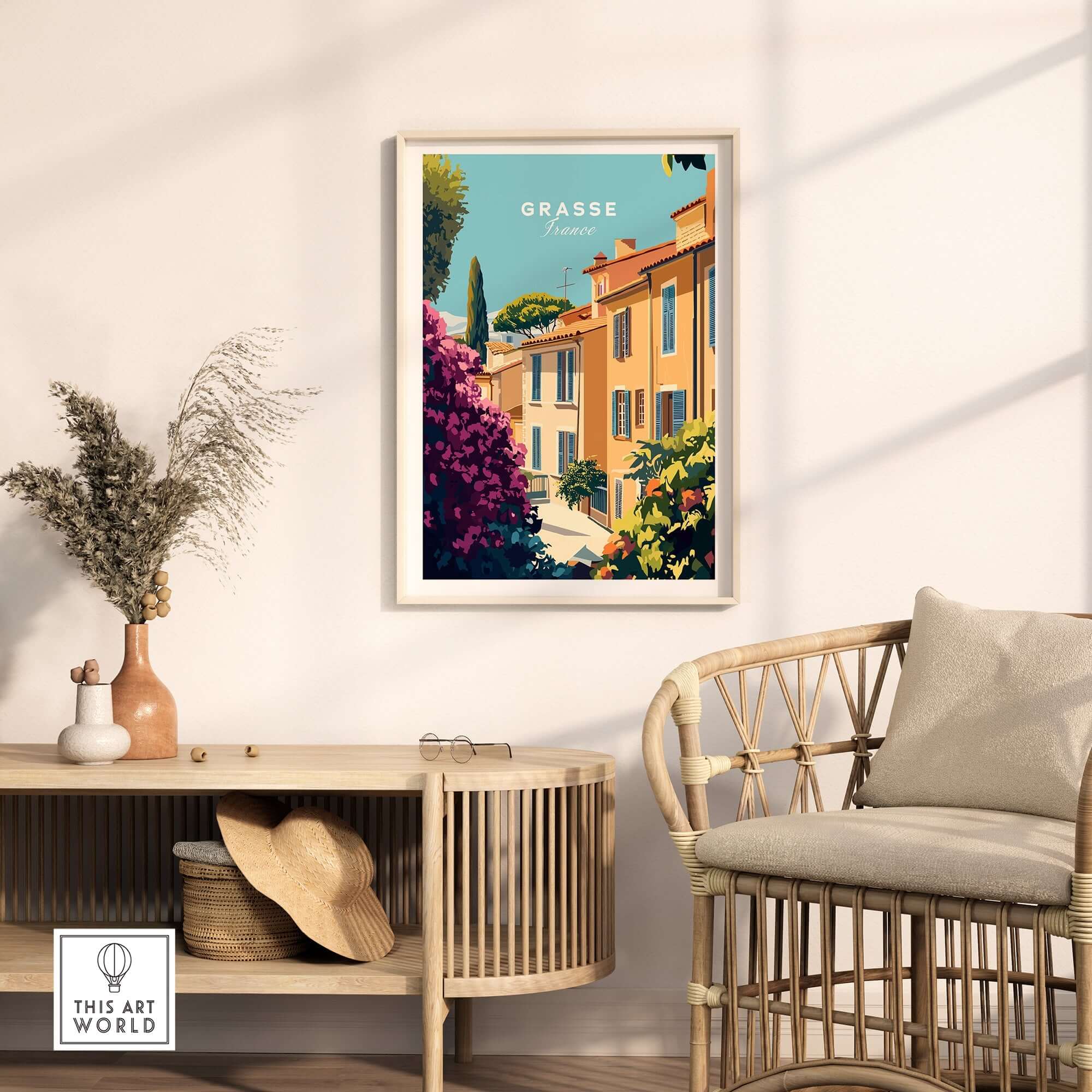 Grasse France Wall Art showcasing vibrant landscapes and charming architecture in a stylish living room setting.