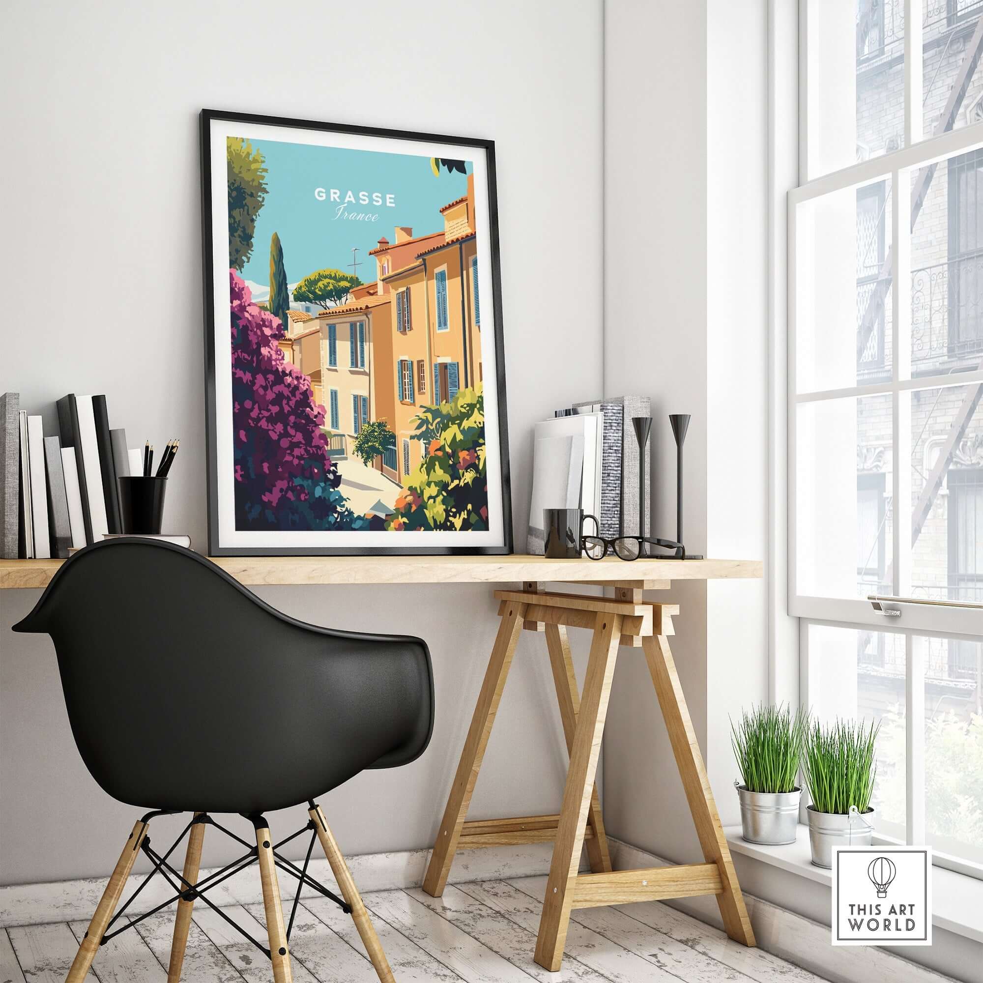 Grasse France Wall Art displayed in a stylish workspace with plants and modern furniture, showcasing vibrant French landscapes.