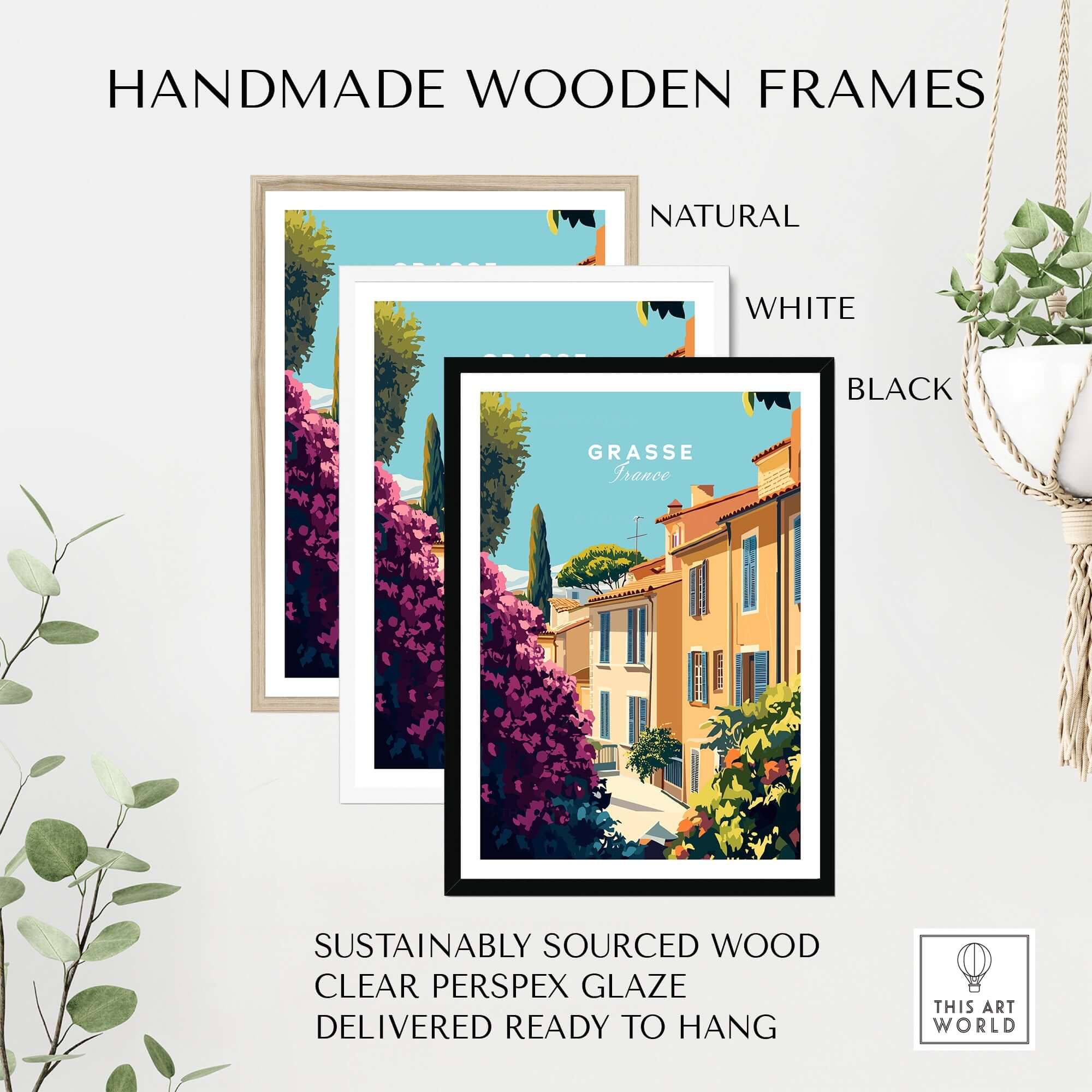Grasse France Wall Art in handmade wooden frames natural white and black, sustainably sourced wood and clear perspex glaze.