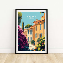 Grasse France Wall Art showcasing a vibrant street scene lined with colorful houses and blooming flowers.