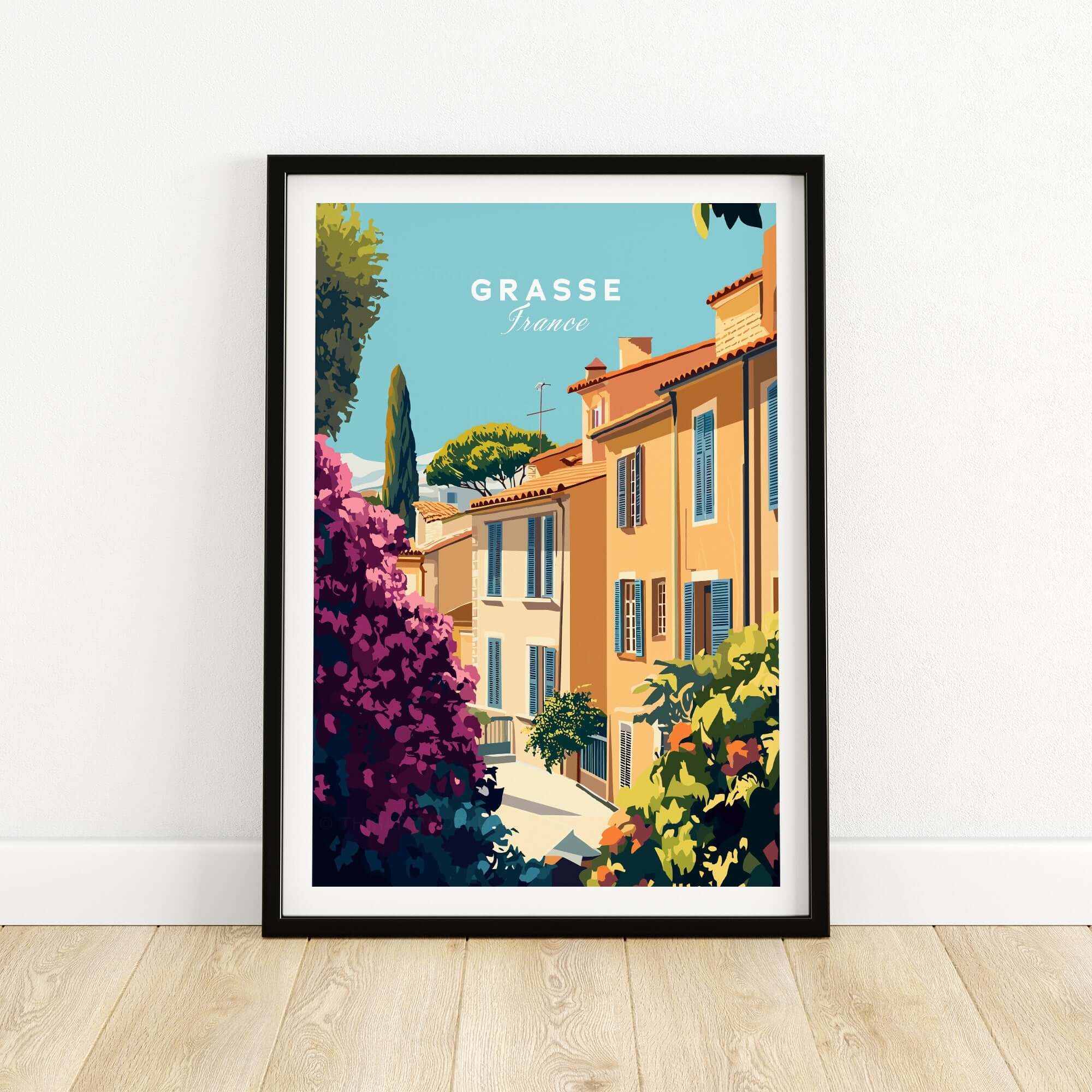 Grasse France Wall Art showcasing a vibrant street scene lined with colorful houses and blooming flowers.