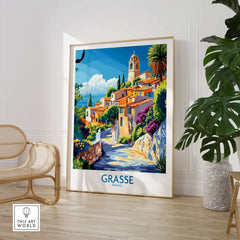 Grasse Travel Poster featuring a colorful depiction of the charming town of Grasse, France in a stylish interior setting.