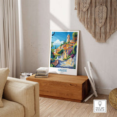 Grasse Travel Poster showcasing a colorful depiction of the charming town in a stylish interior setting.