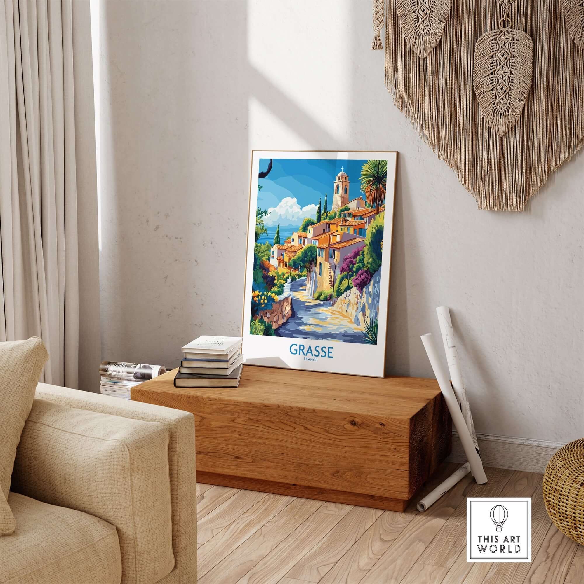 Grasse Travel Poster showcasing a colorful depiction of the charming town in a stylish interior setting.