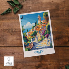 Grasse Travel Poster showcasing vibrant houses and scenic street in Grasse, France.