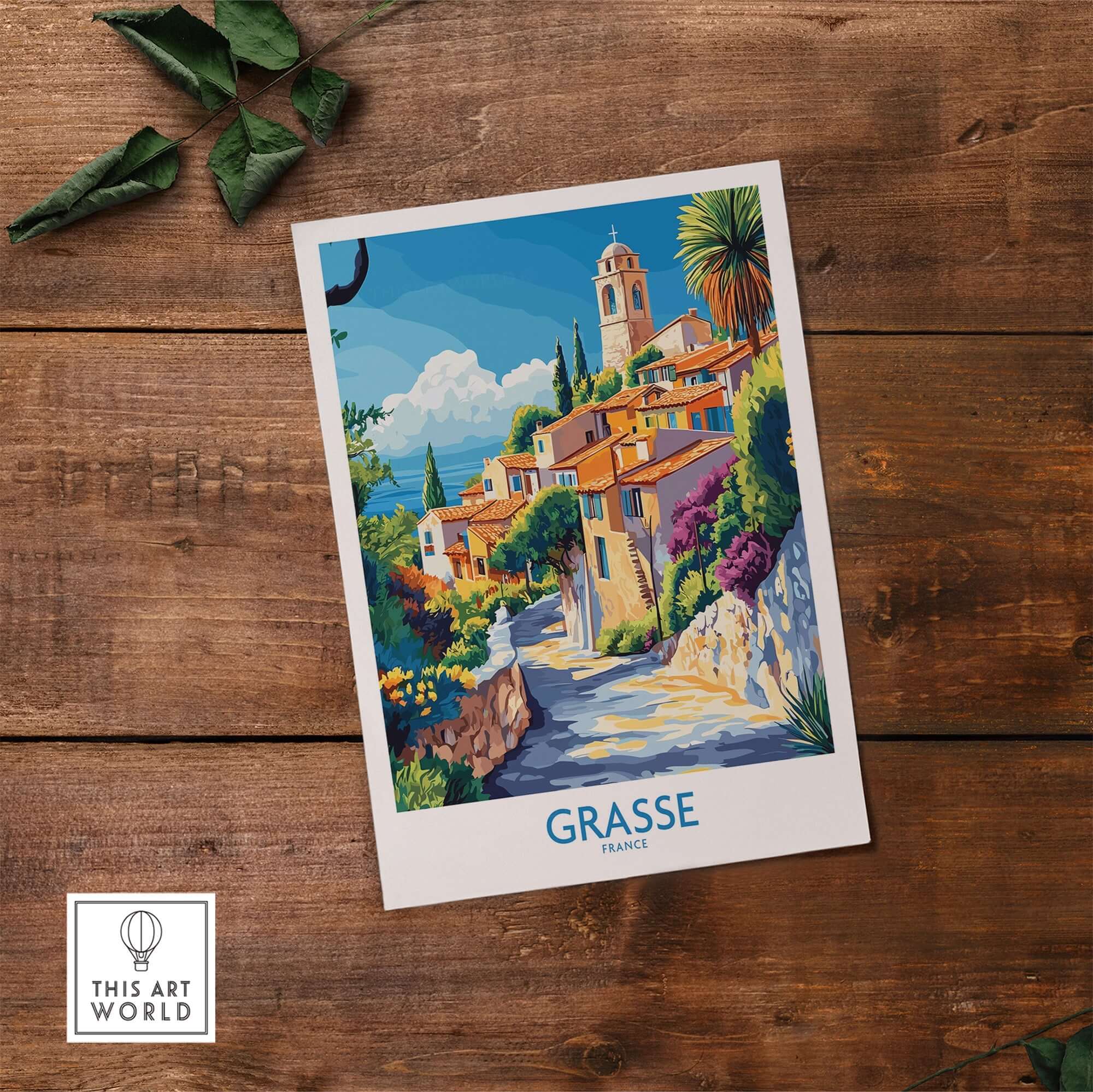 Grasse Travel Poster showcasing vibrant houses and scenic street in Grasse, France.