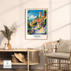 Grasse Travel Poster showcasing a vibrant scene of the charming French town of Grasse in a stylish interior setting.