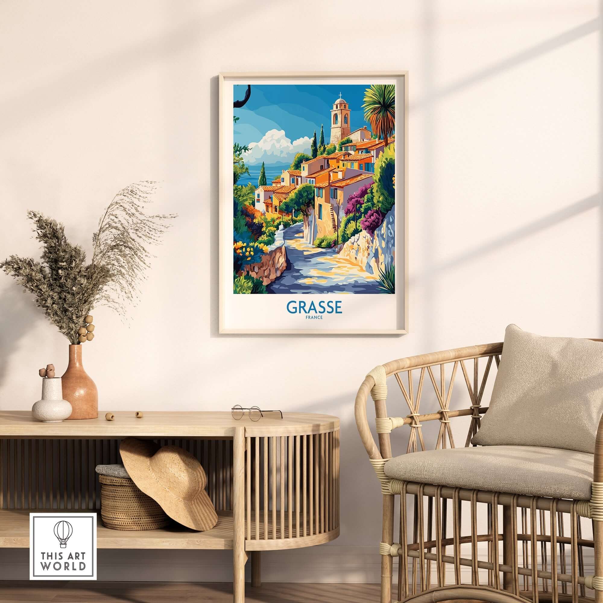 Grasse Travel Poster showcasing a vibrant scene of the charming French town of Grasse in a stylish interior setting.