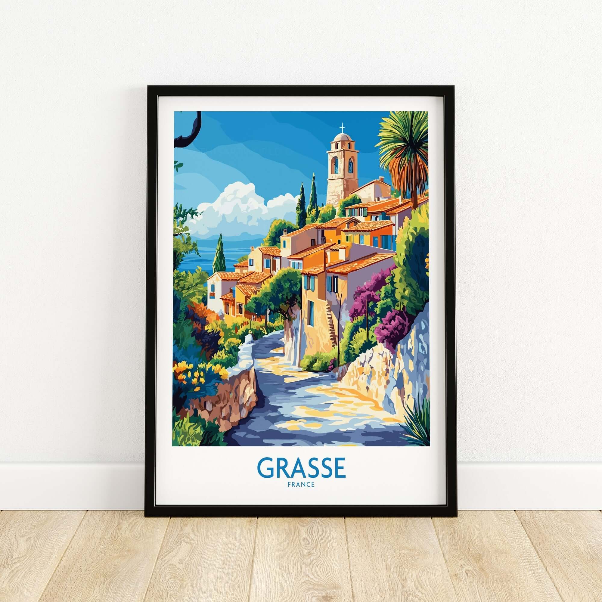 Grasse Travel Poster showcasing vibrant colors and scenery of Grasse, France, perfect for travel art lovers.