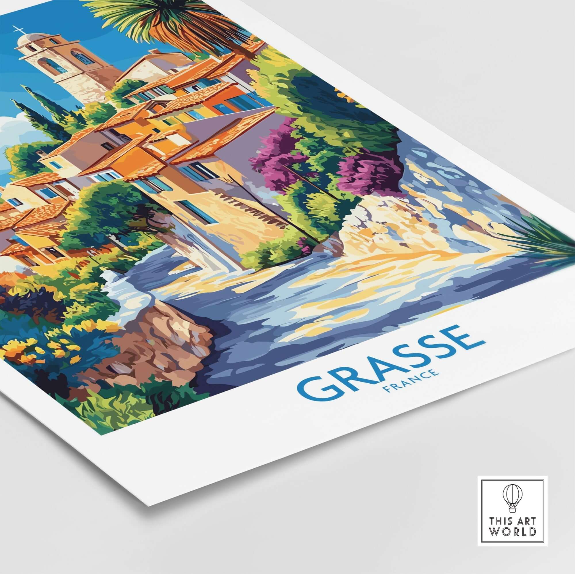 Grasse Travel Poster showcasing vibrant colors and charming scenery of Grasse, France.