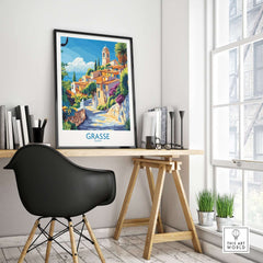 Grasse Travel Poster framed in a stylish home office setting with a modern desk and plants.