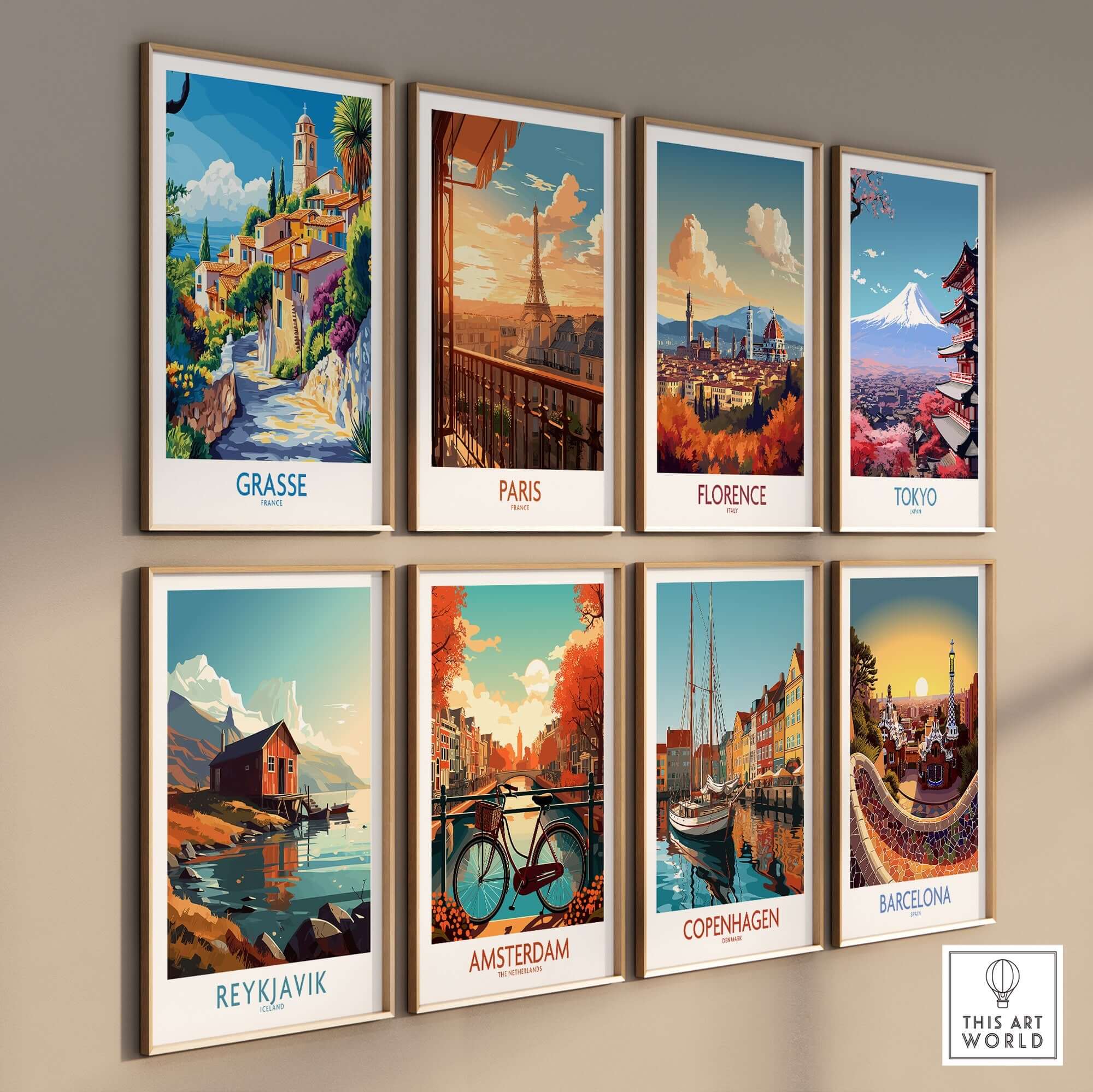 Grasse Travel Poster and other city travel posters on a wall showcasing vibrant artwork of famous destinations.
