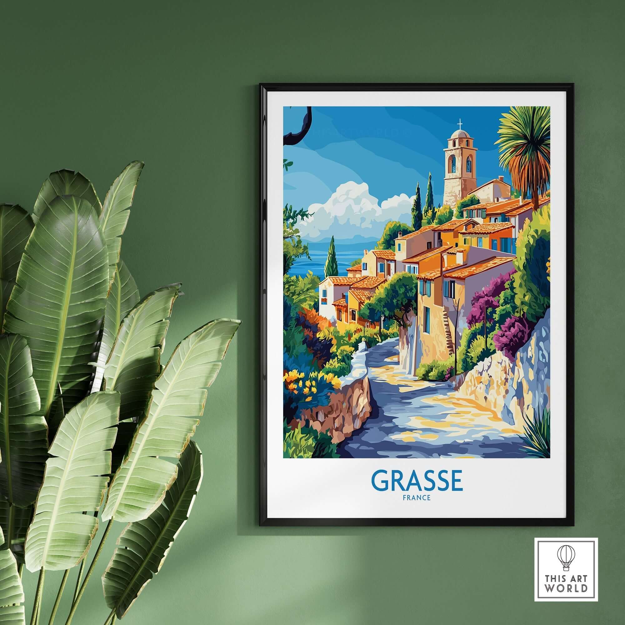 Grasse Travel Poster featuring vibrant colors and details of a charming French town scene.