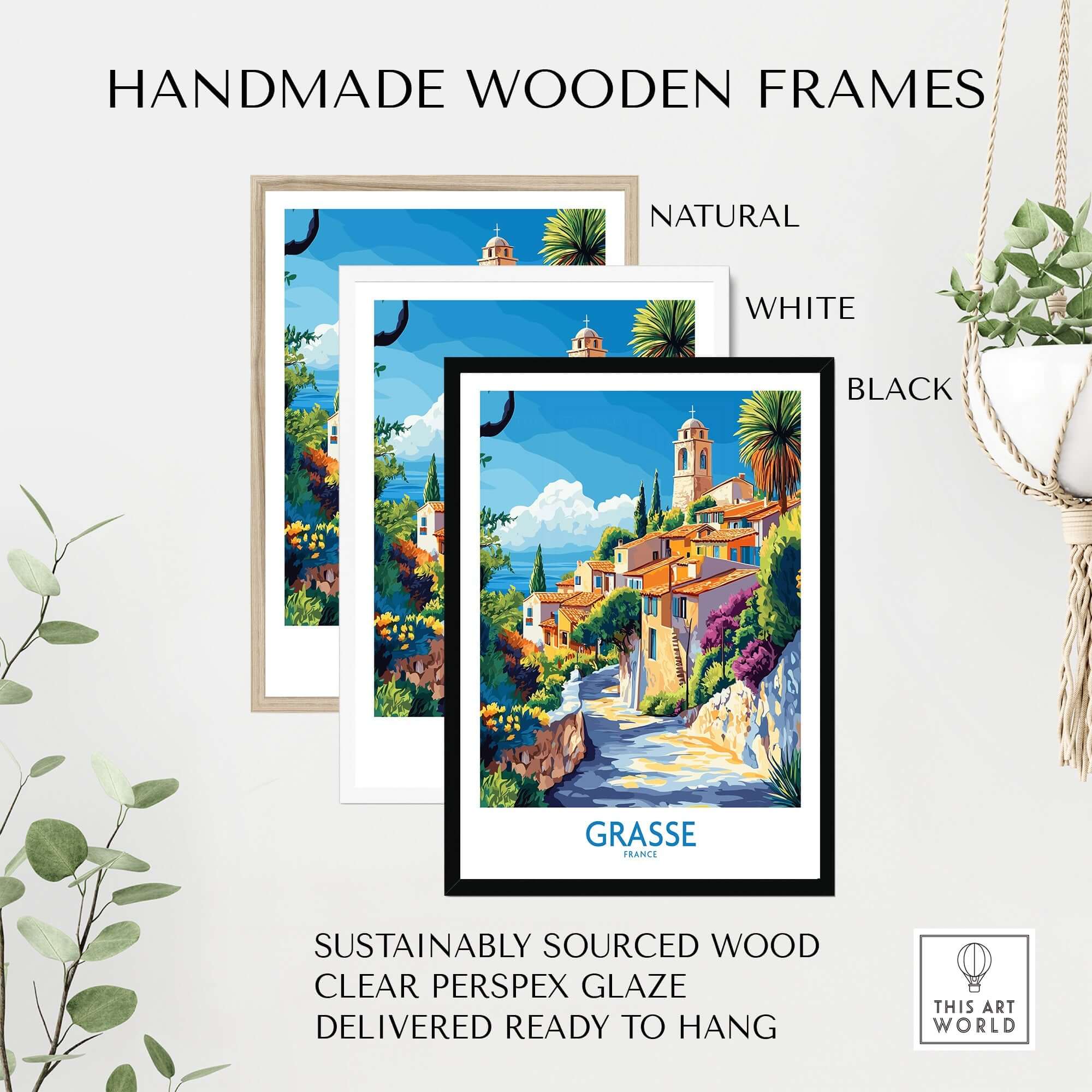 Grasse Travel Poster in handmade wooden frames, featuring natural, white, and black options, ready to hang.