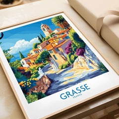 Grasse Travel Poster featuring a colorful illustration of Grasse, France with vibrant details and scenic landscapes.