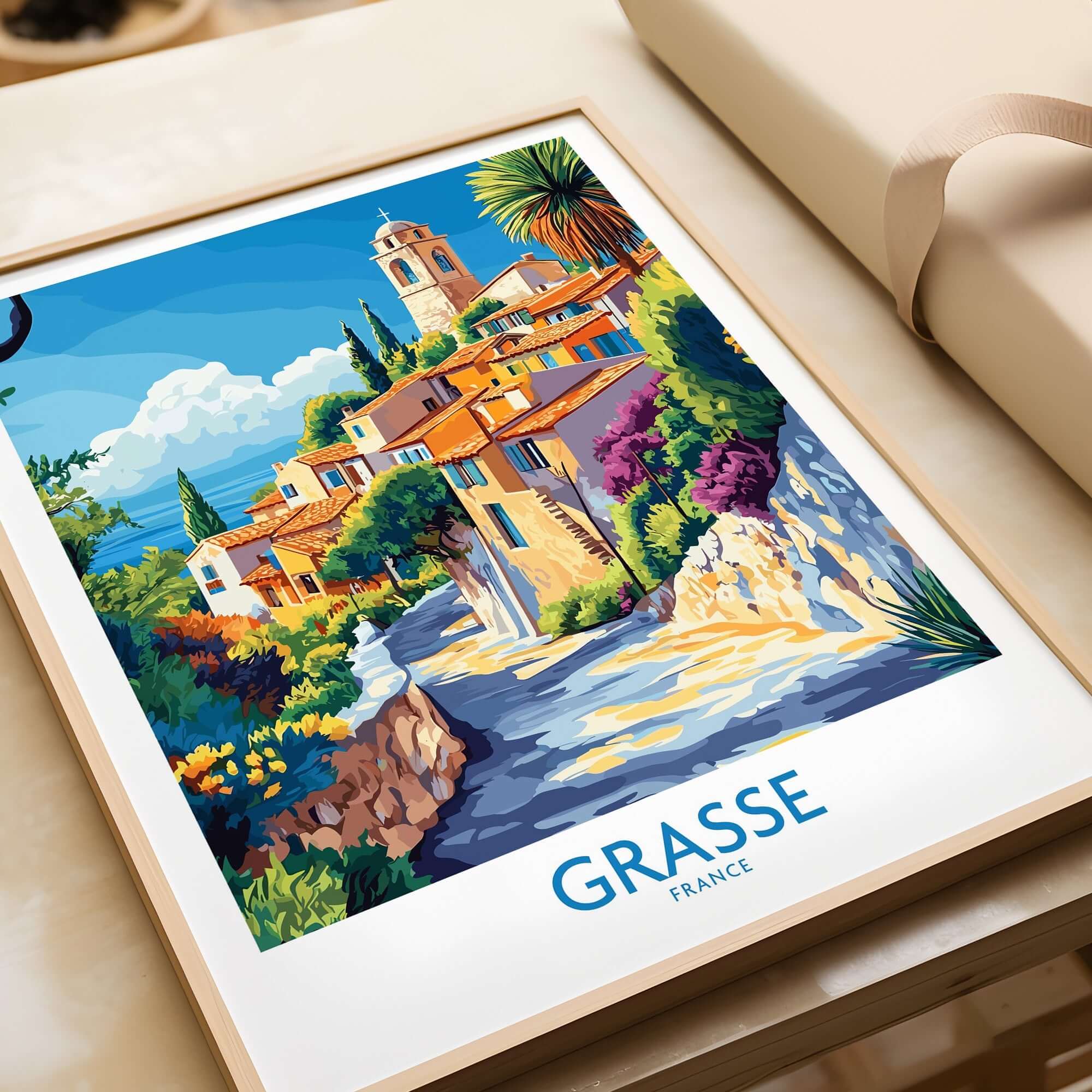 Grasse Travel Poster featuring a colorful illustration of Grasse, France with vibrant details and scenic landscapes.