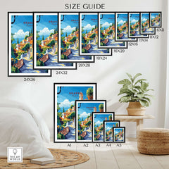 Grasse Travel Print size guide showing various frame options and vibrant details of the print