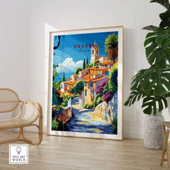 Grasse Travel Print showcasing a vibrant French village scene with colorful houses and lush greenery.