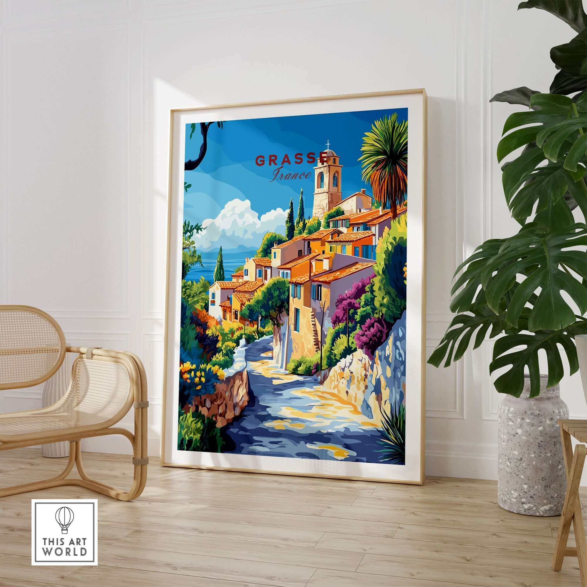 Grasse Travel Print showcasing a vibrant French village scene with colorful houses and lush greenery.