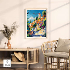 Grasse Travel Print displayed on a wall in a chic living room setting, enhancing home decor with a vibrant art piece.