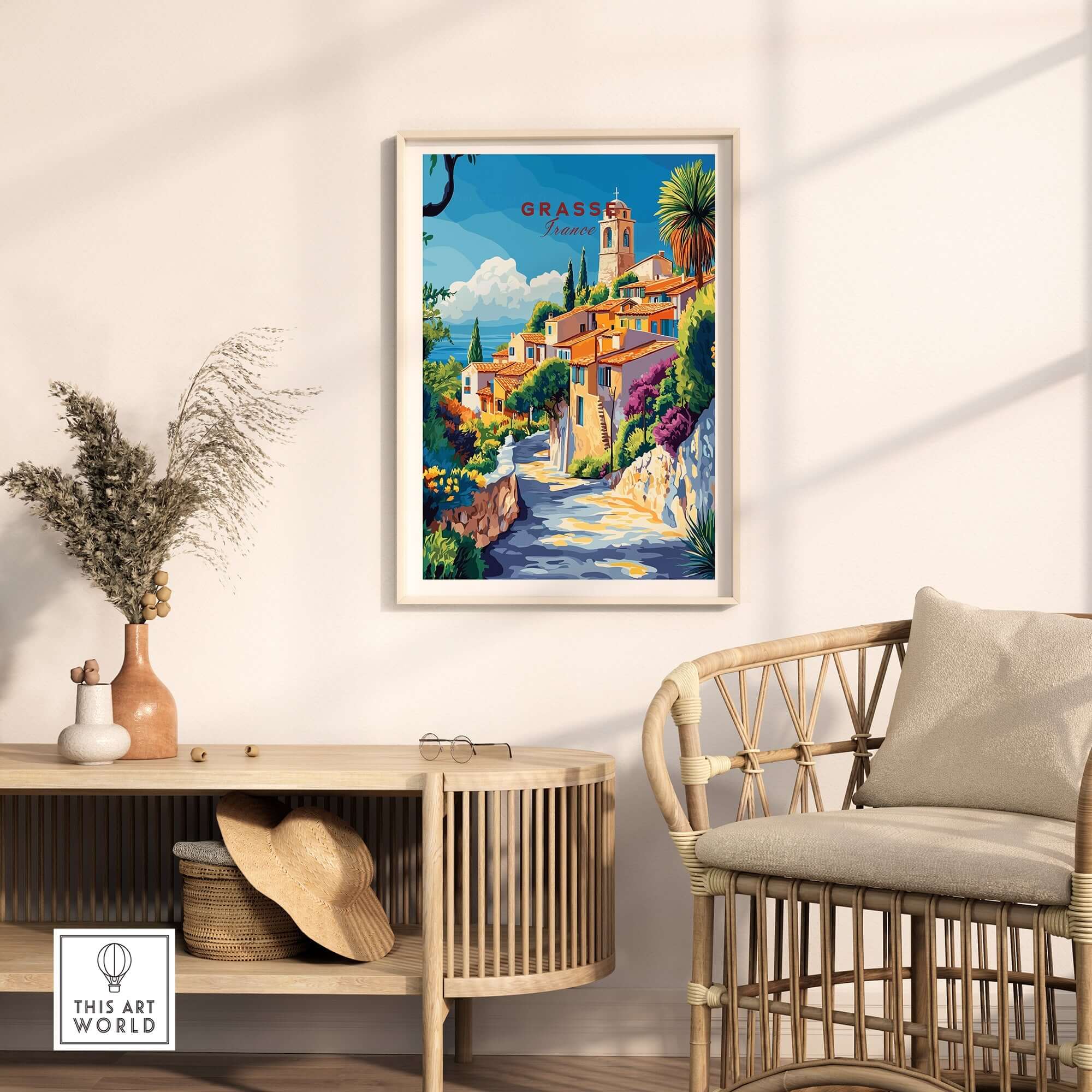 Grasse Travel Print displayed on a wall in a chic living room setting, enhancing home decor with a vibrant art piece.