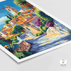 Grasse Travel Print showcasing a vibrant scene of Grasse with colorful buildings and lush greenery.