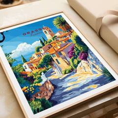 Grasse Travel Print showcasing a vibrant scene of Grasse, France with colorful houses and lush scenery.