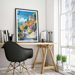 Grasse Travel Print displayed in a stylish home office setting, showcasing vibrant colors and intricate details.