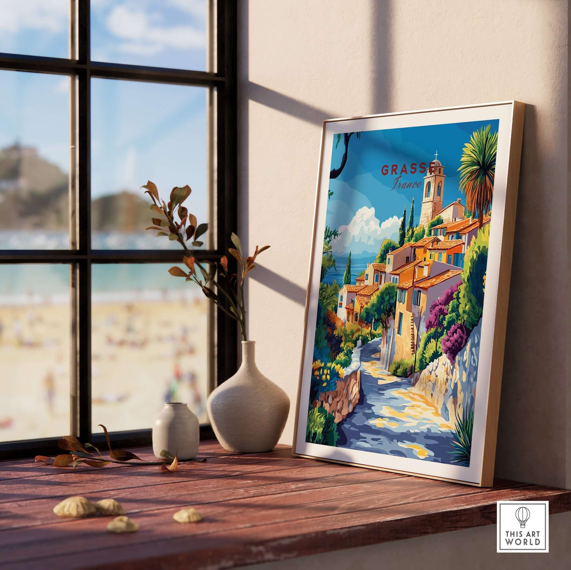 Grasse Travel Print displayed in a cozy interior, showcasing vibrant colors and picturesque details.