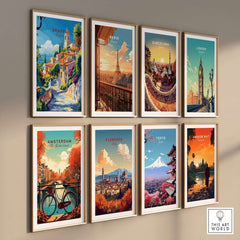 Grasse Travel Print and other city travel prints displayed on a wall, showcasing vibrant colors and intricate details.