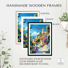 Grasse Travel Print displayed in handmade wooden frames: natural, white, and black options.