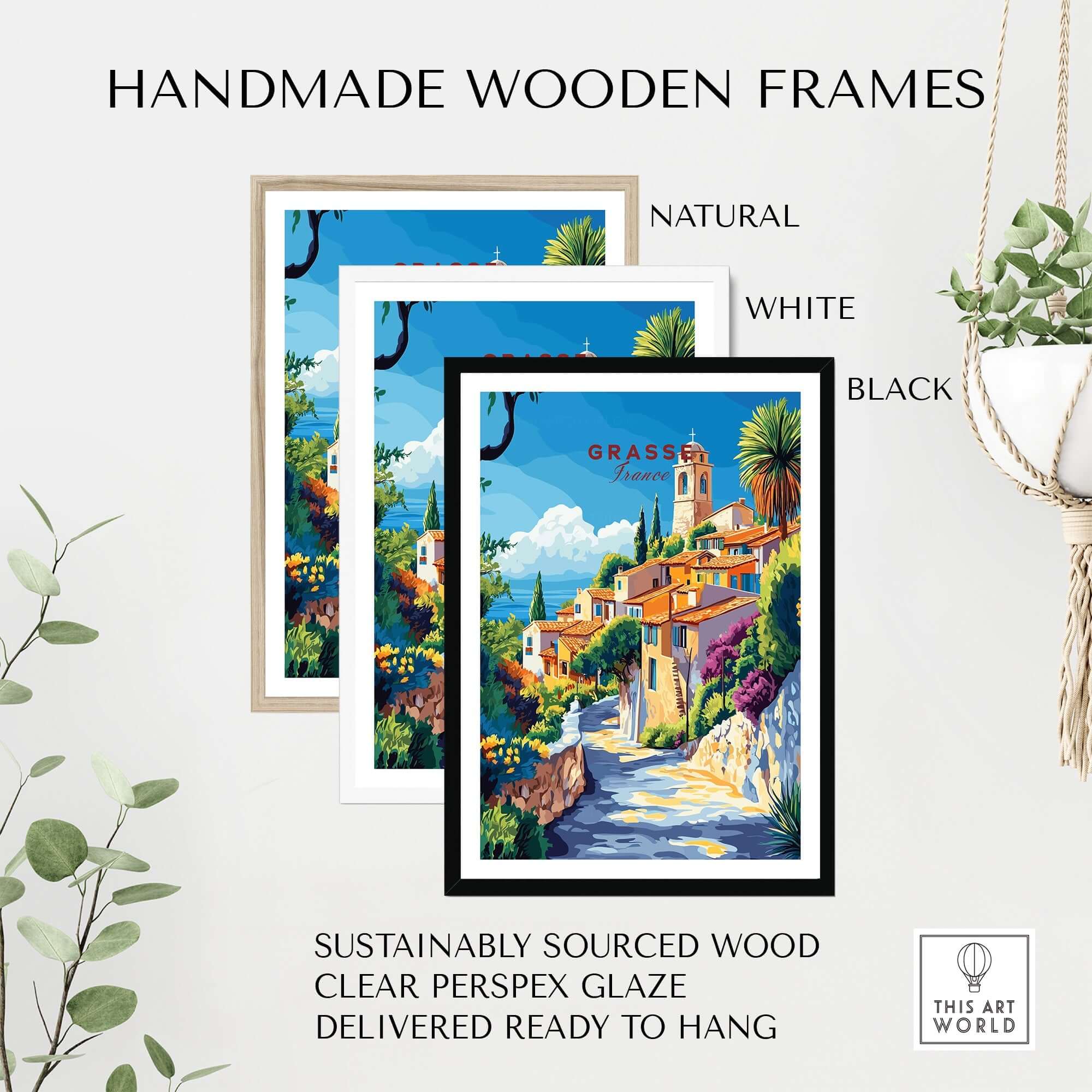 Grasse Travel Print displayed in handmade wooden frames: natural, white, and black options.