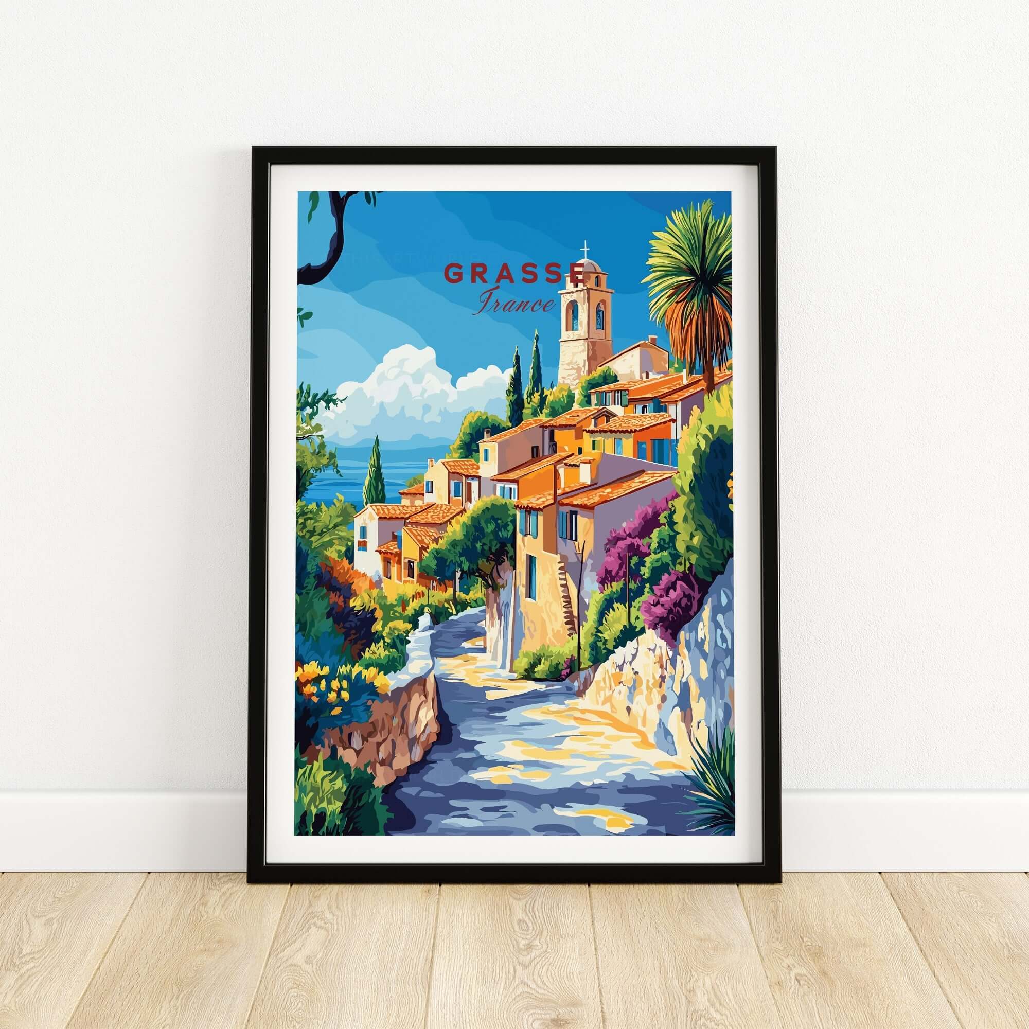Grasse Travel Print depicting the picturesque village of Grasse, France, with vibrant colors and intricate details.