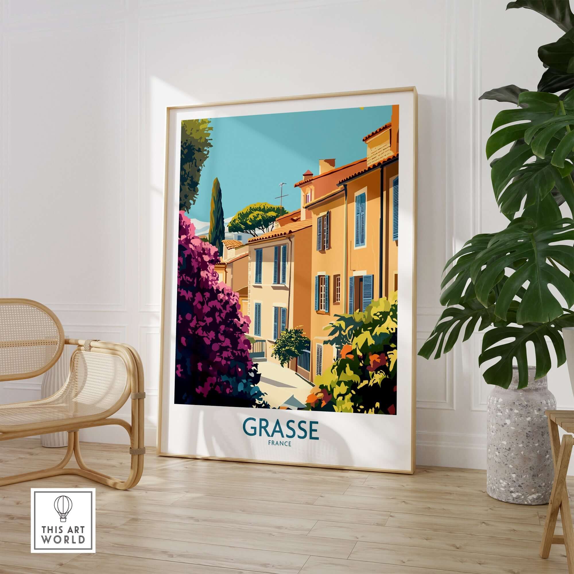 Grasse Wall Art Print France featuring charming architecture and vibrant flowers in a stylish interior setting.